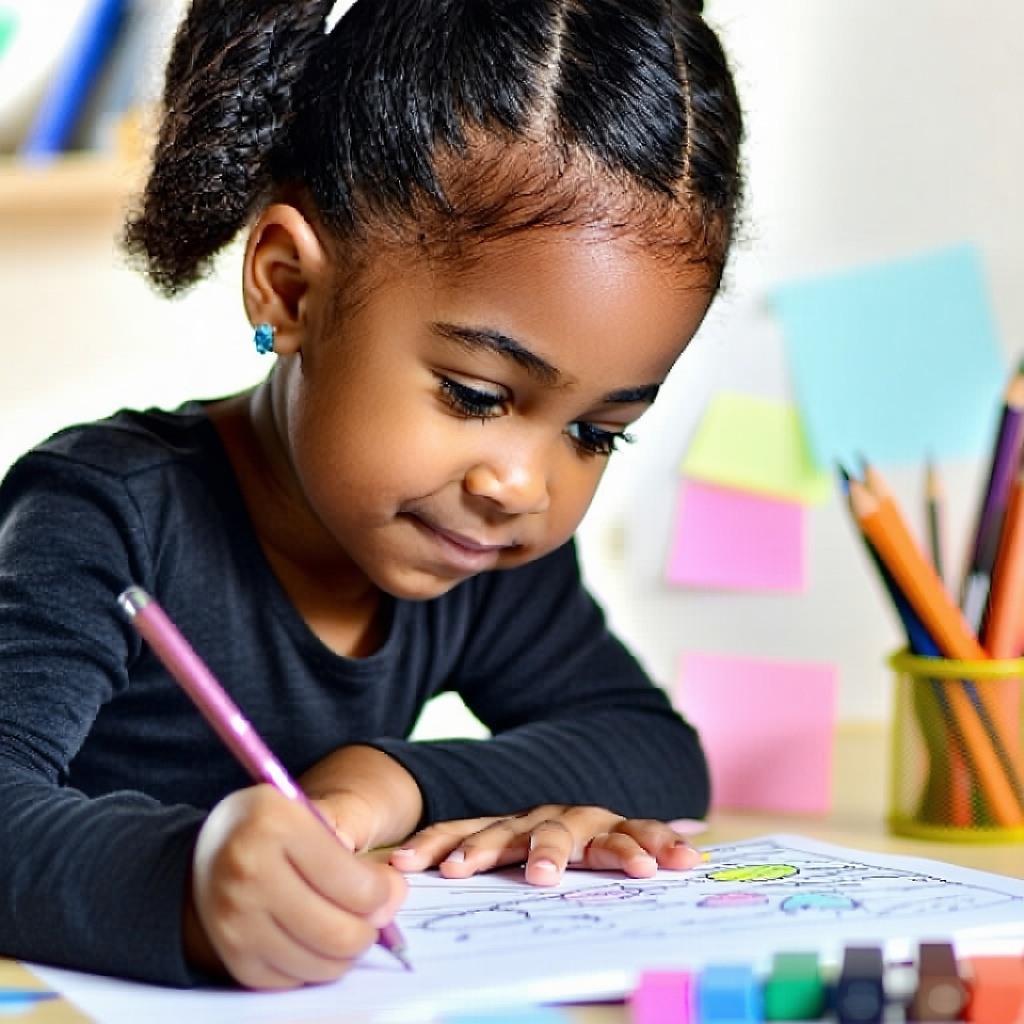 A little black girl drawing by herself