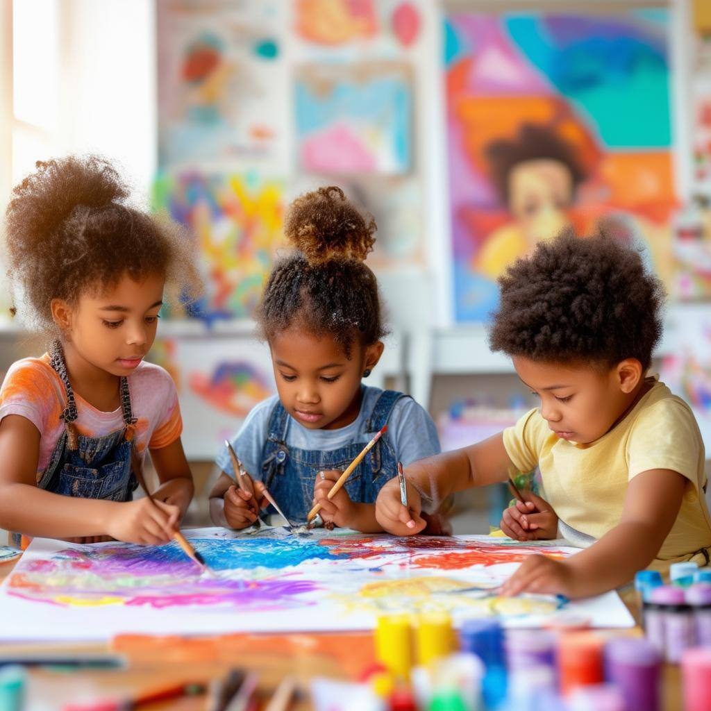 diverse little kids doing art