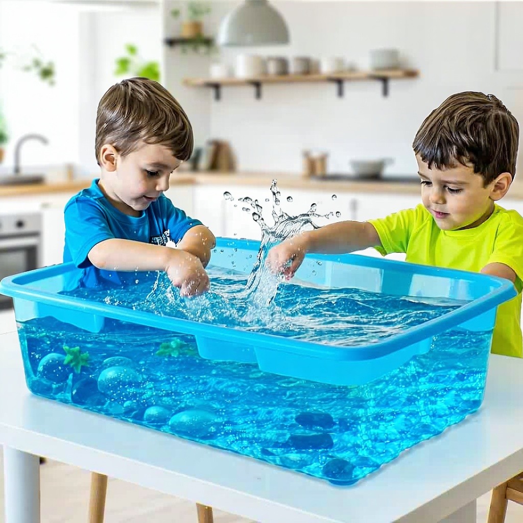 little boys doing water play sensory bins at the table-1
